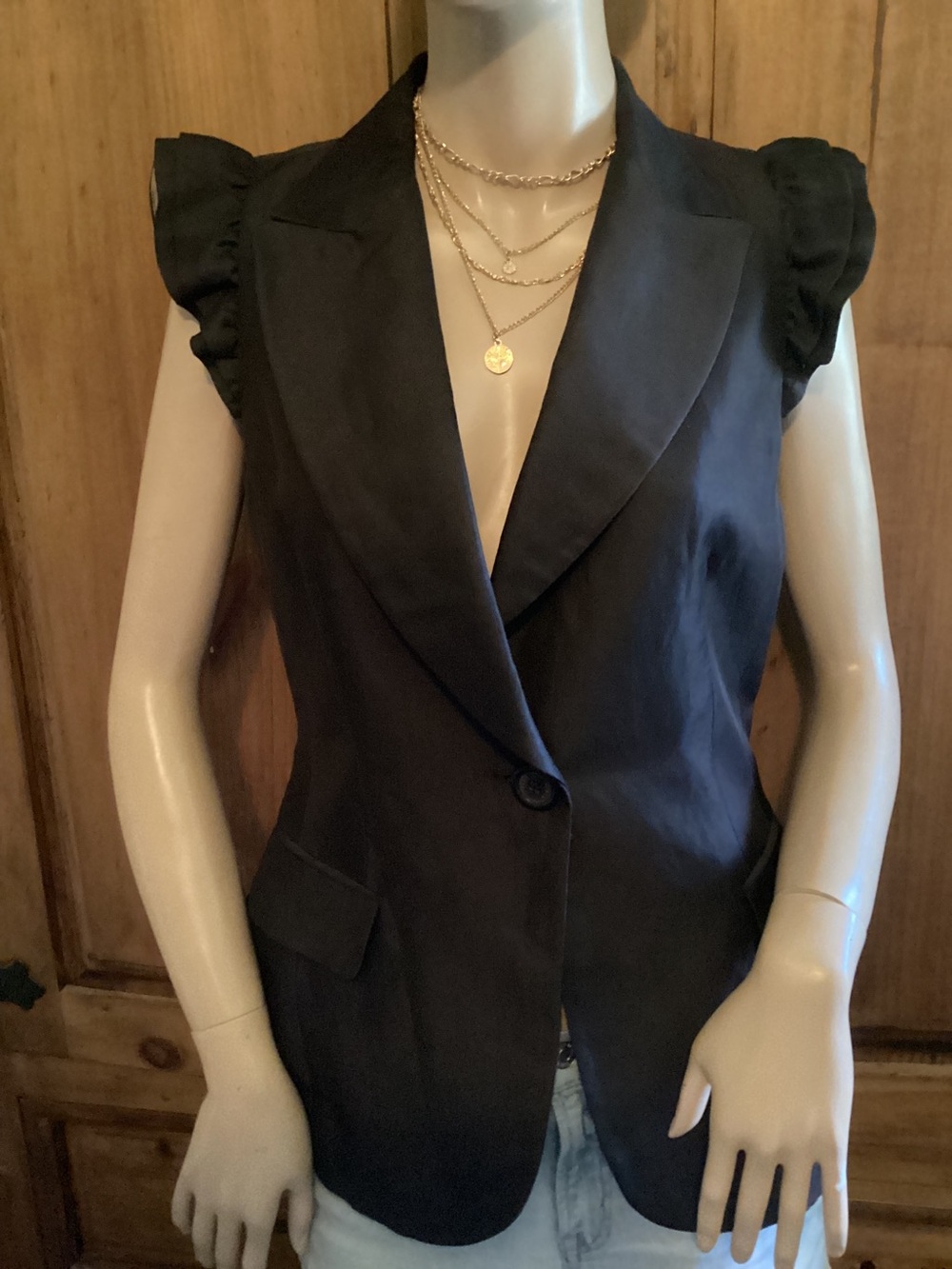 ZARA Brown Fitted Sleeveless Ruffled Shoulder Blazer - Dark Brown size small